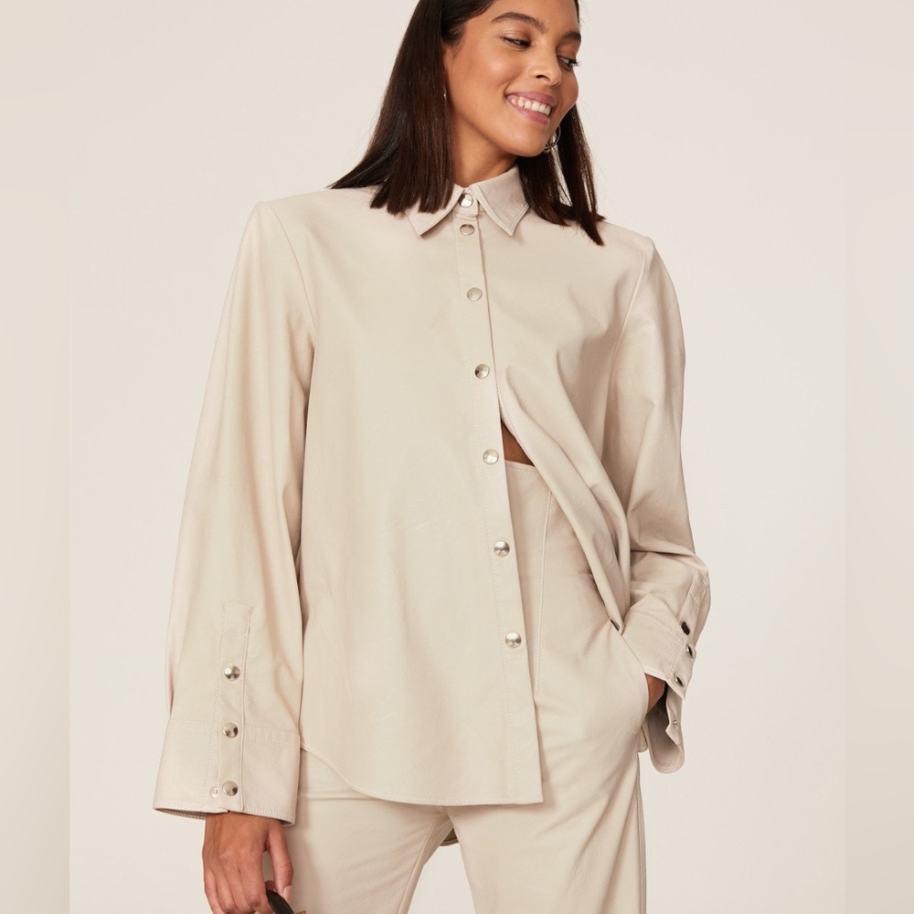 $510 SARA BATTAGLIA size 36 IT US XS S Eco Leather Shirt Snap Front Roomy A-Line